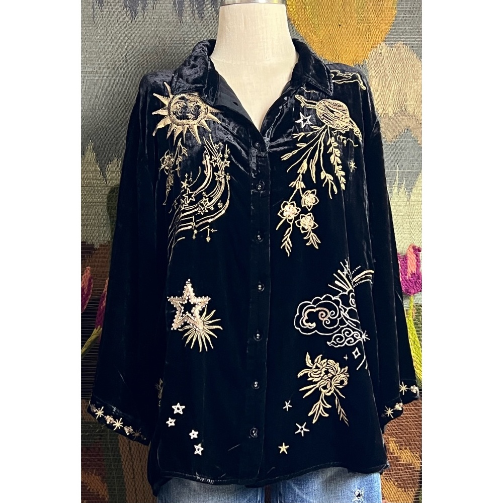Johnny Was Miaora Embroidered Velvet Tunic Top PXL